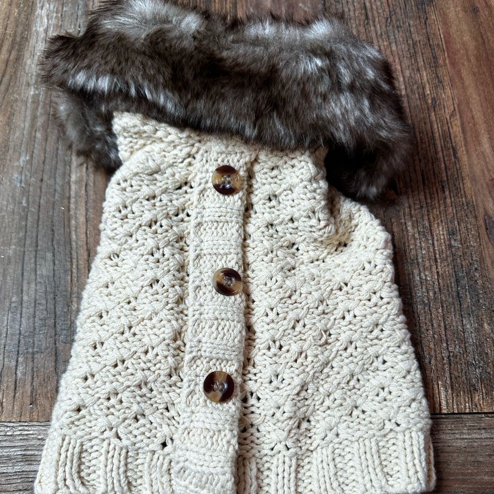 Cream Knit Button-Up Scarf with Faux Fur Trim for pet